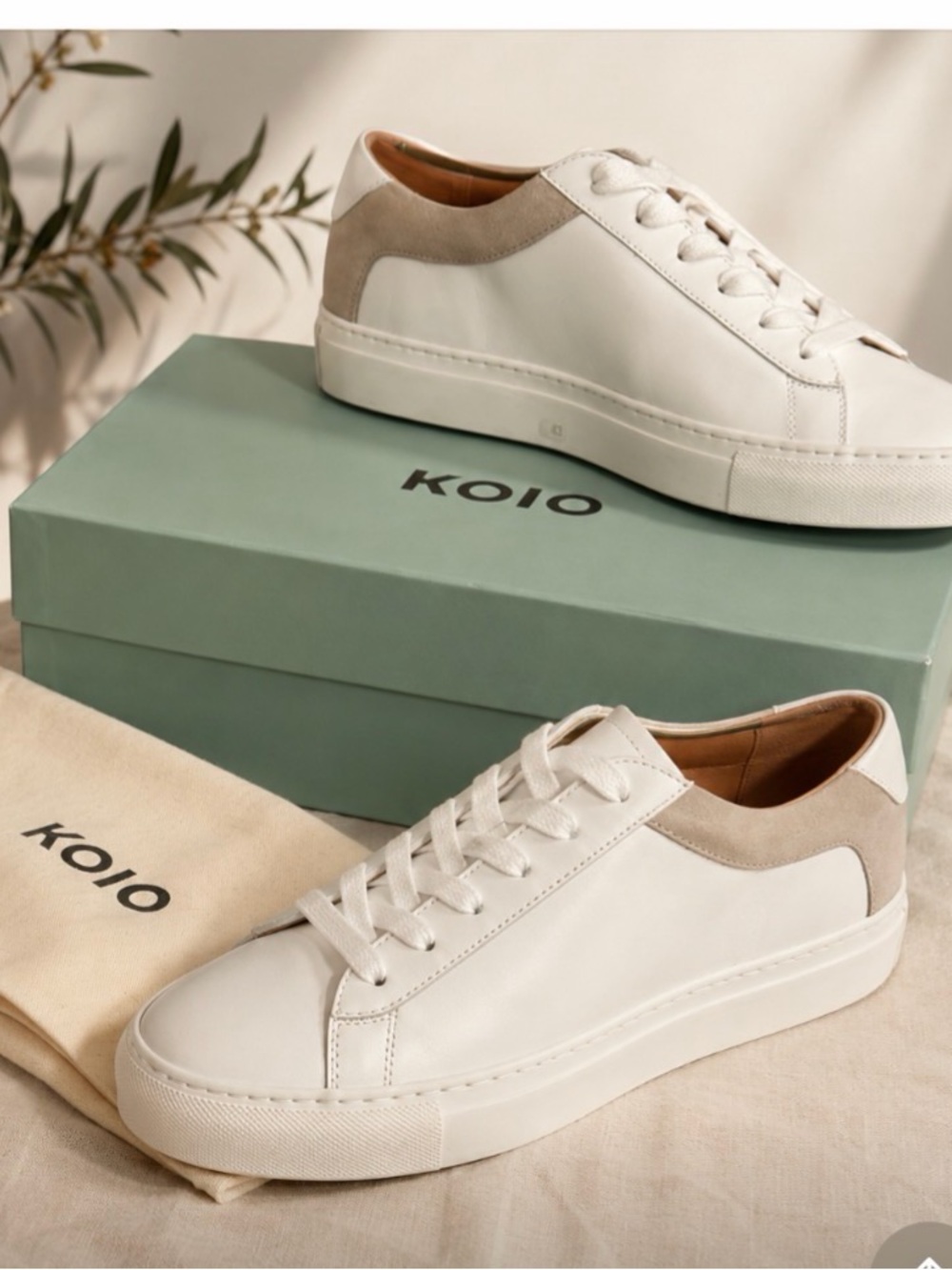 KOIO White Leather Sneakers with Beige Suede Collar